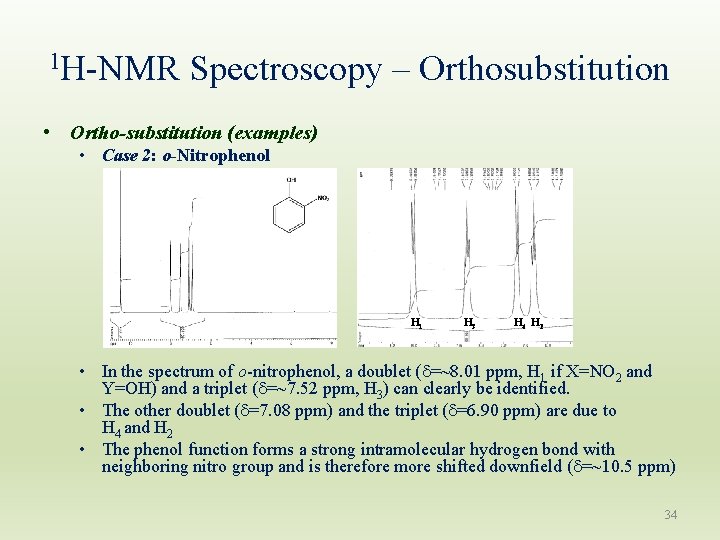 1 H-NMR Spectroscopy – Orthosubstitution • Ortho-substitution (examples) • Case 2: o-Nitrophenol OH H