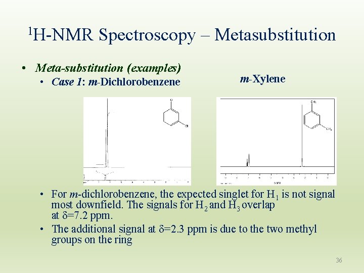 1 H-NMR Spectroscopy – Metasubstitution • Meta-substitution (examples) • Case 1: m-Dichlorobenzene m-Xylene H 1 H-NMR Spectroscopy – Metasubstitution • Meta-substitution (examples) • Case 1: m-Dichlorobenzene m-Xylene H