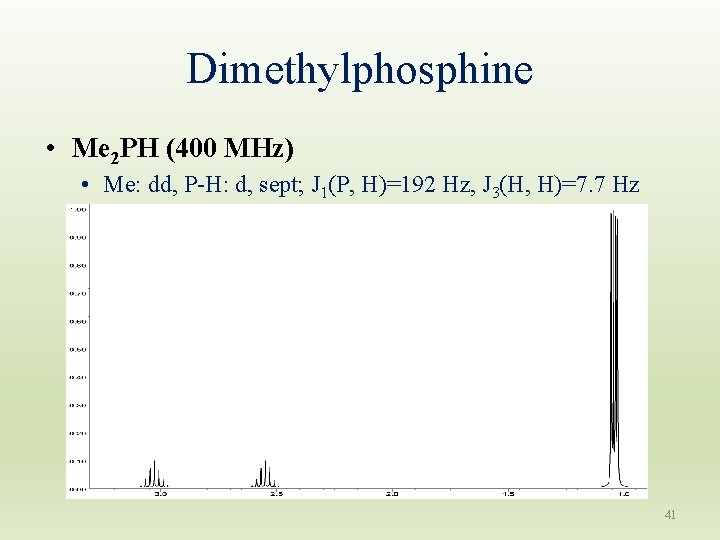 Dimethylphosphine • Me 2 PH (400 MHz) • Me: dd, P-H: d, sept; J Dimethylphosphine • Me 2 PH (400 MHz) • Me: dd, P-H: d, sept; J