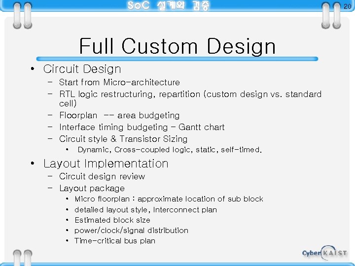 20 Full Custom Design • Circuit Design – Start from Micro-architecture – RTL logic