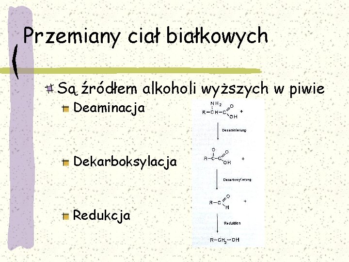 Przemiany ciał białkowych Są źródłem alkoholi wyższych w piwie Deaminacja Dekarboksylacja Redukcja 