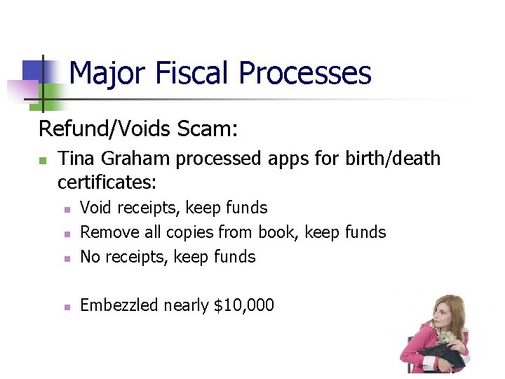 Major Fiscal Processes Refund/Voids Scam: Tina Graham processed apps for birth/death certificates: Void receipts,