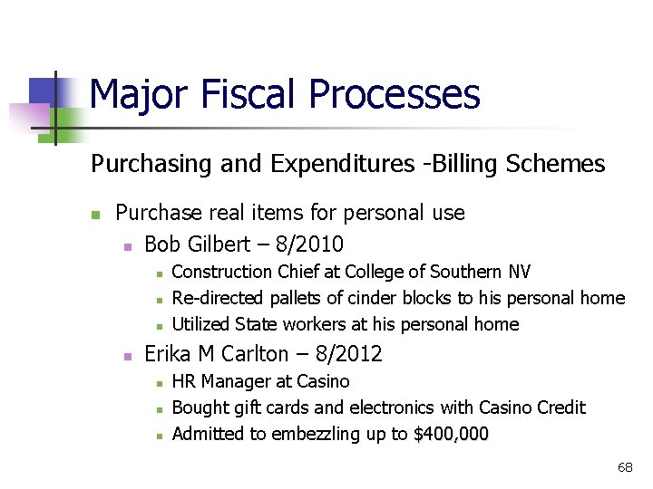 Major Fiscal Processes Purchasing and Expenditures -Billing Schemes Purchase real items for personal use