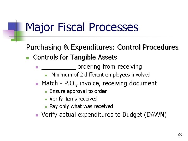 Major Fiscal Processes Purchasing & Expenditures: Control Procedures Controls for Tangible Assets Tangible _____
