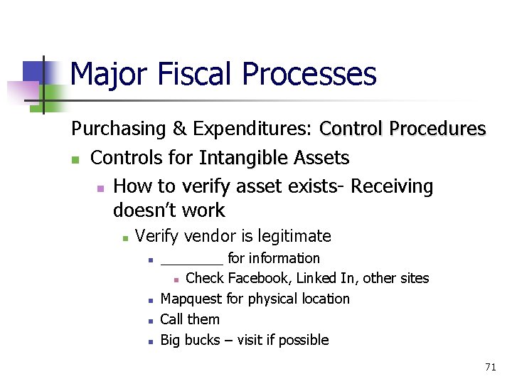 Major Fiscal Processes Purchasing & Expenditures: Control Procedures Controls for Intangible Assets Intangible How