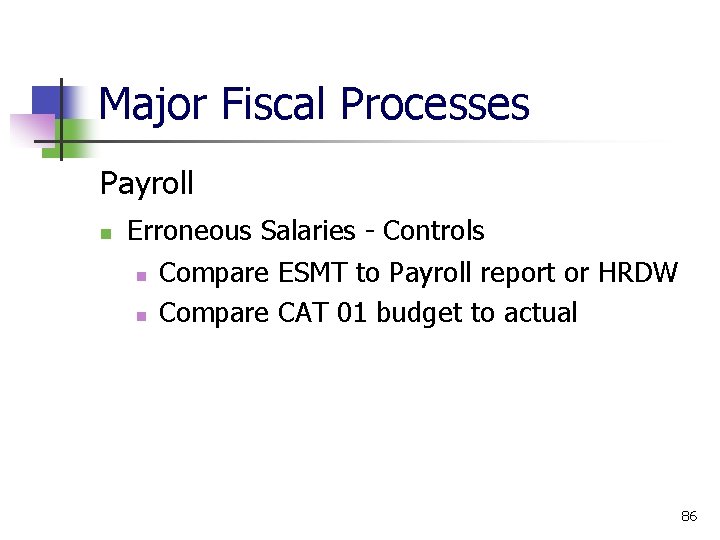 Major Fiscal Processes Payroll Erroneous Salaries - Controls Compare ESMT to Payroll report or
