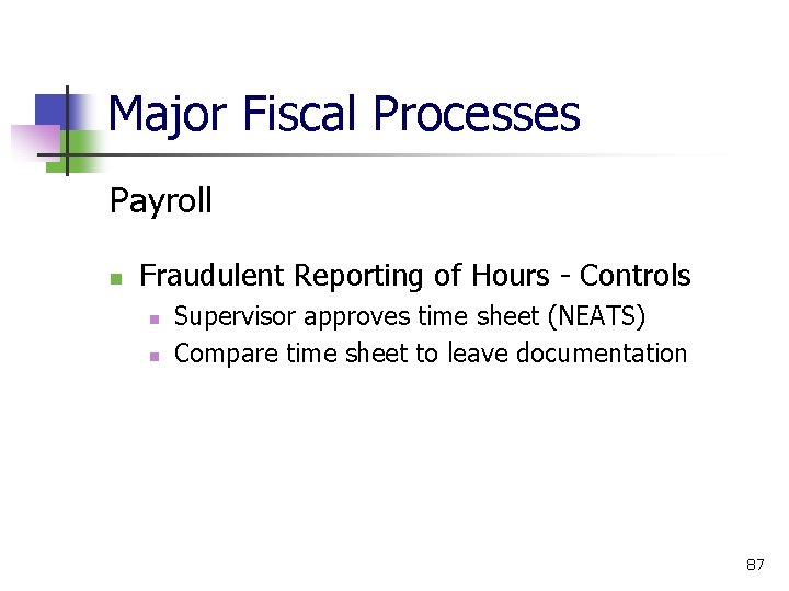 Major Fiscal Processes Payroll Fraudulent Reporting of Hours - Controls Supervisor approves time sheet