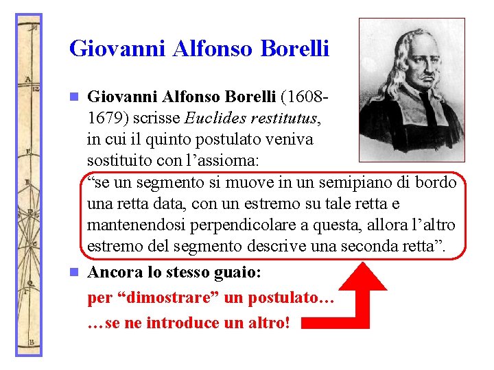 Giovanni Alfonso Borelli (16081679) scrisse Euclides restitutus, in cui il quinto postulato veniva sostituito