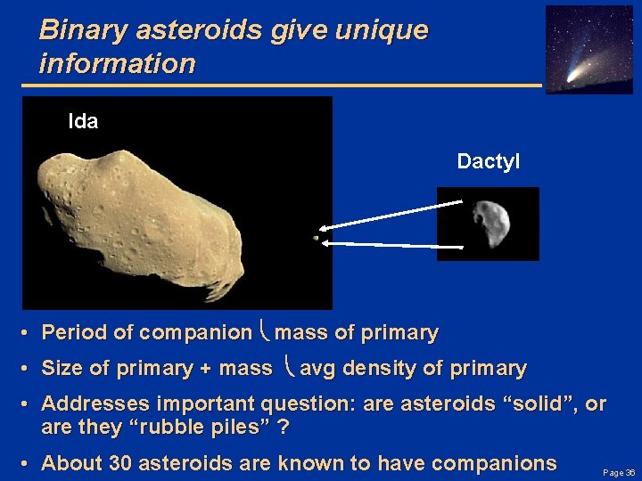 Binary asteroids give unique information Ida Dactyl • Period of companion mass of primary