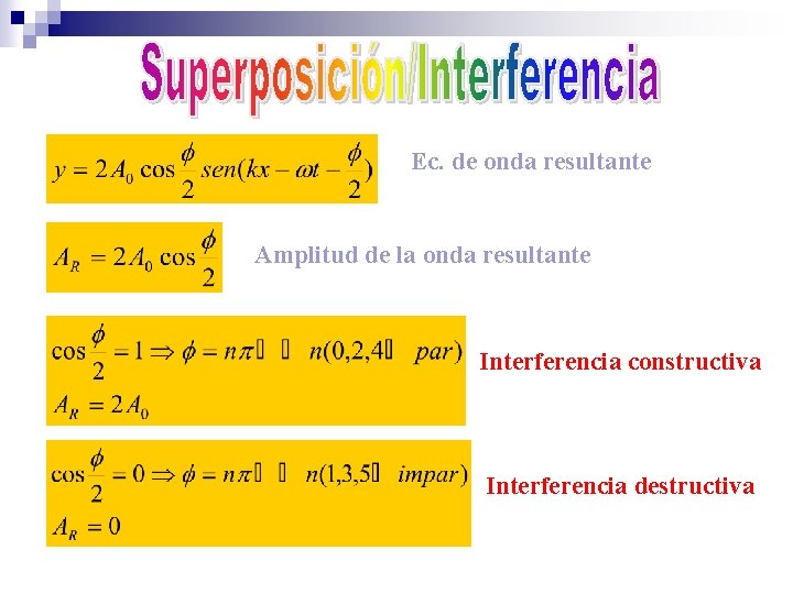 Ec. de onda resultante Amplitud de la onda resultante Interferencia constructiva Interferencia destructiva 