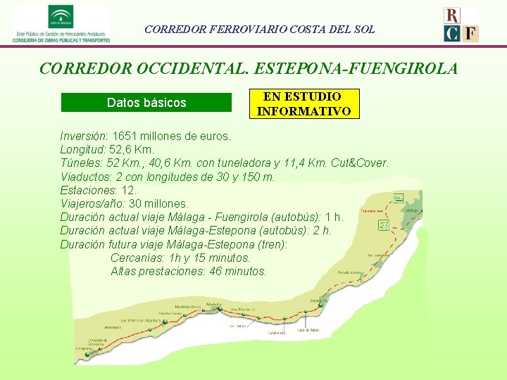 CORREDOR FERROVIARIO COSTA DEL SOL CORREDOR OCCIDENTAL. ESTEPONA-FUENGIROLA Datos básicos EN ESTUDIO INFORMATIVO Inversión: