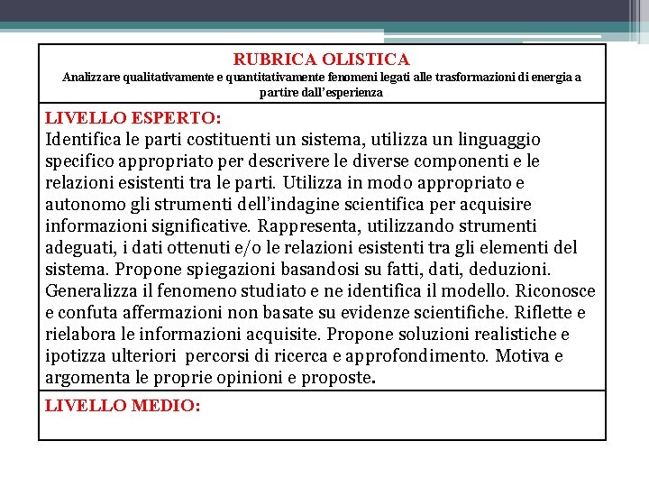 RUBRICA OLISTICA Analizzare qualitativamente e quantitativamente fenomeni legati alle trasformazioni di energia a partire