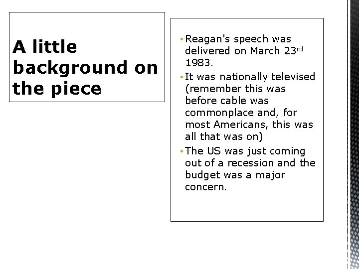 A little background on the piece • Reagan's speech was delivered on March 23