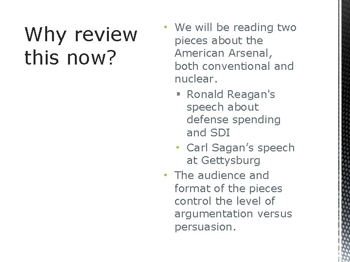 Why review this now? • We will be reading two pieces about the American