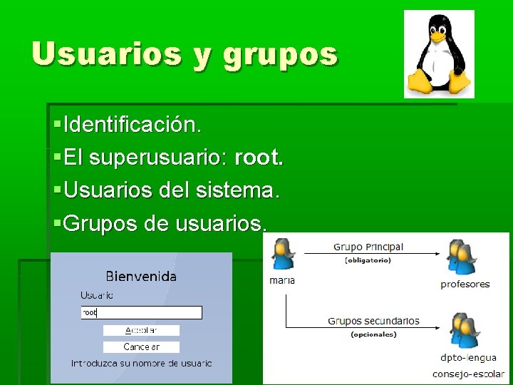 Usuarios y grupos Identificación. El superusuario: root. Usuarios del sistema. Grupos de usuarios. Usuarios y grupos Identificación. El superusuario: root. Usuarios del sistema. Grupos de usuarios.