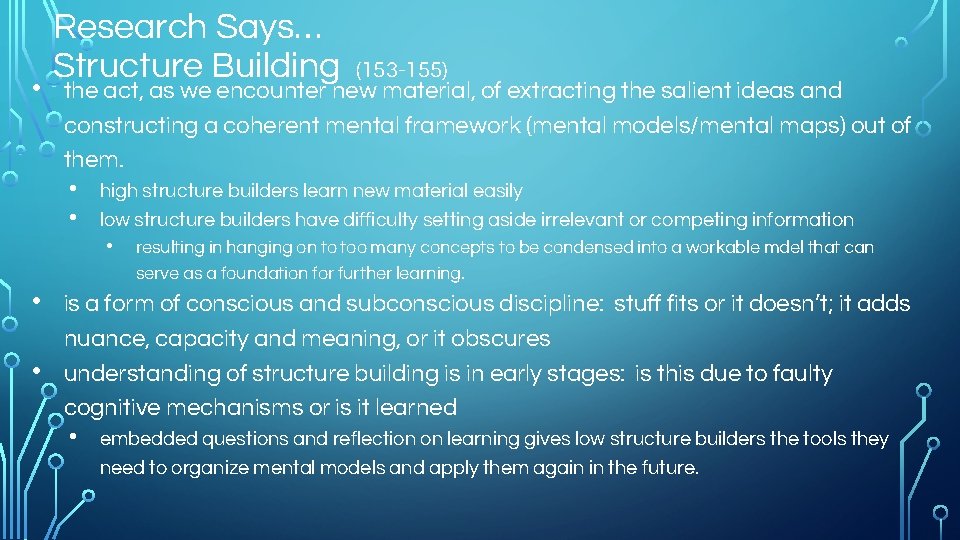  • Research Says… Structure Building the act, as we encounter new material, of