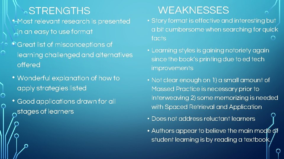 STRENGTHS • Most relevant research is presented in an easy to use format •