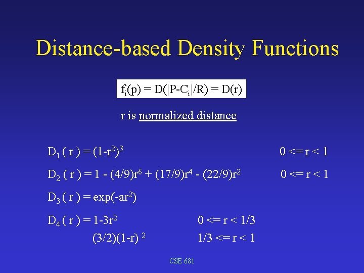 Distance-based Density Functions fi(p) = D(|P-Ci|/R) = D(r) r is normalized distance D 1