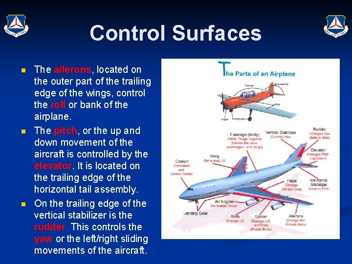 Control Surfaces n n n The ailerons, located on the outer part of the