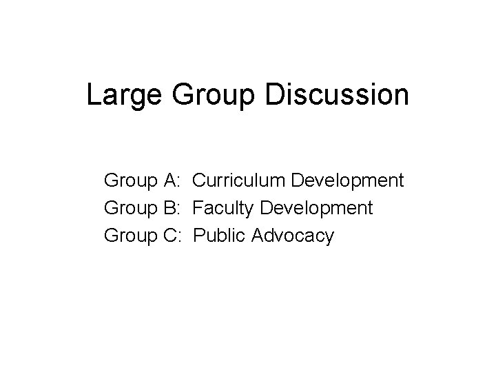 Large Group Discussion Group A: Curriculum Development Group B: Faculty Development Group C: Public