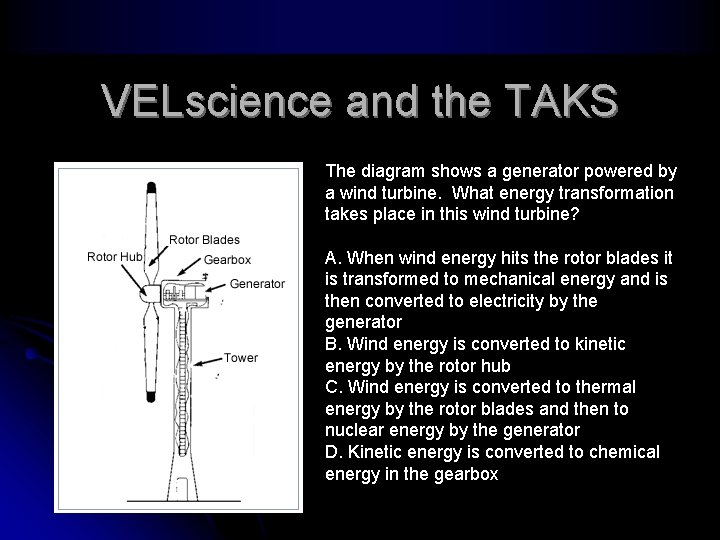 VELscience and the TAKS The diagram shows a generator powered by a wind turbine.