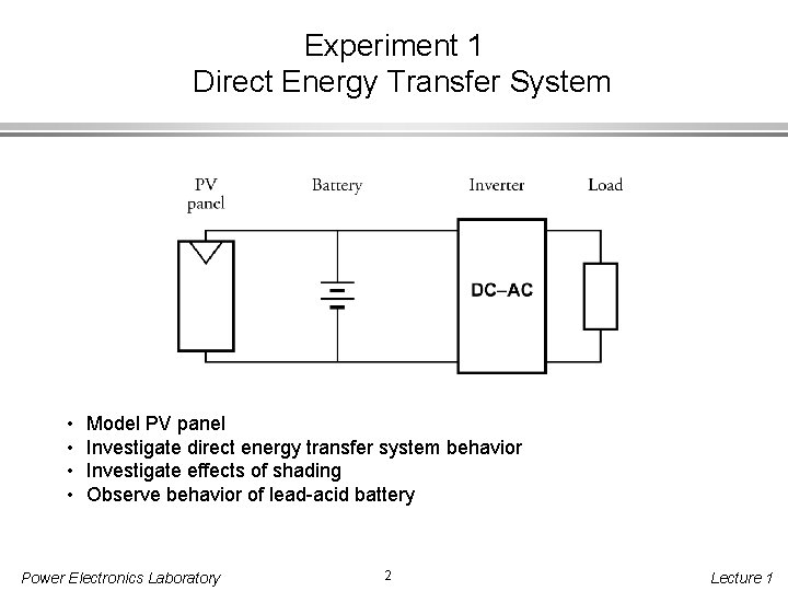 Experiment 1 Direct Energy Transfer System • • Model PV panel Investigate direct energy