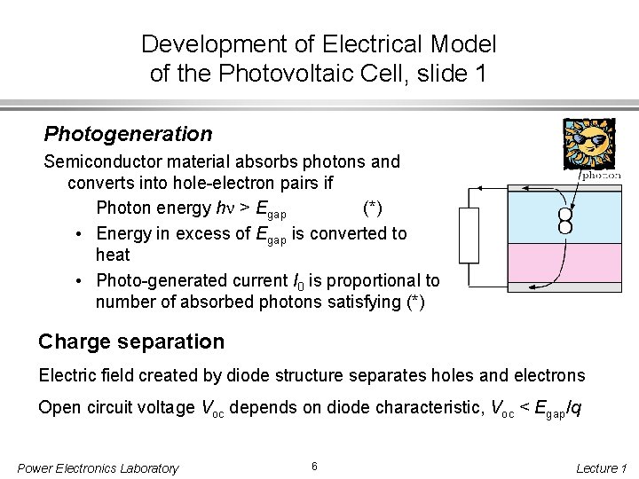 Development of Electrical Model of the Photovoltaic Cell, slide 1 Photogeneration Semiconductor material absorbs