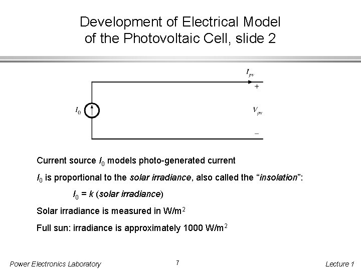 Development of Electrical Model of the Photovoltaic Cell, slide 2 Current source I 0