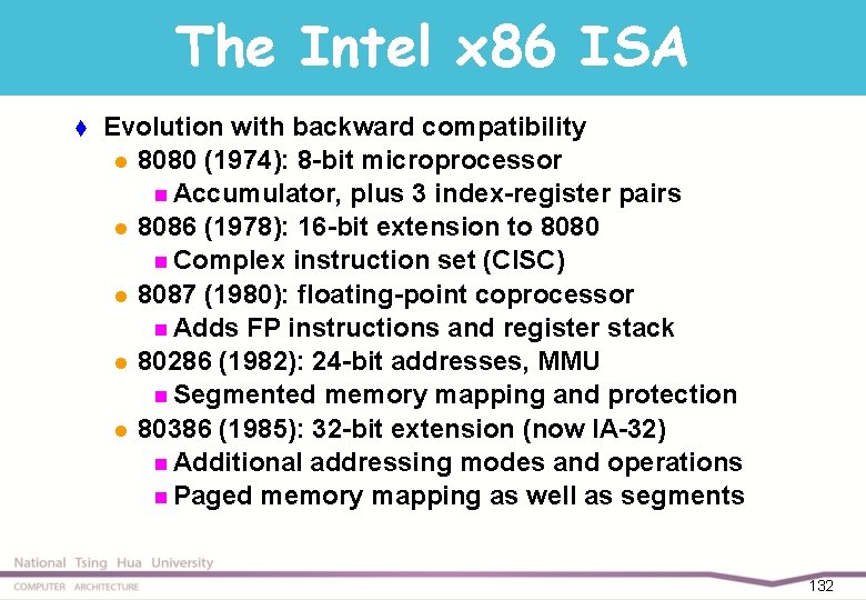 The Intel x 86 ISA t Evolution with backward compatibility l 8080 (1974): 8