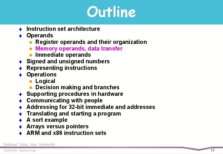 Outline t t t Instruction set architecture Operands l Register operands and their organization