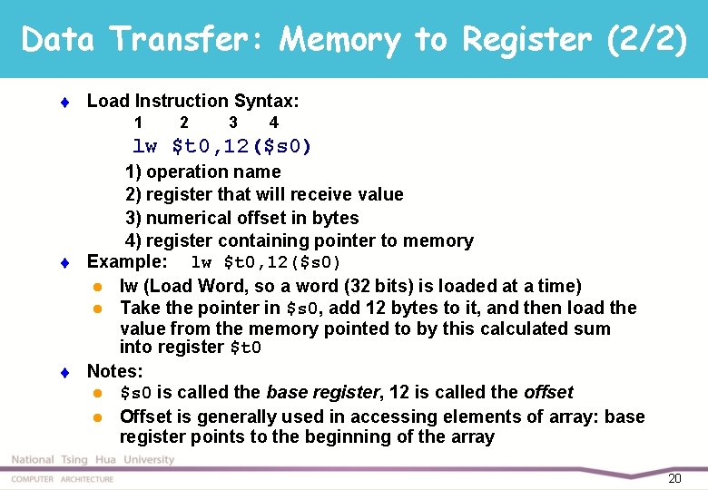 Data Transfer: Memory to Register (2/2) t Load Instruction Syntax: 1 2 3 4