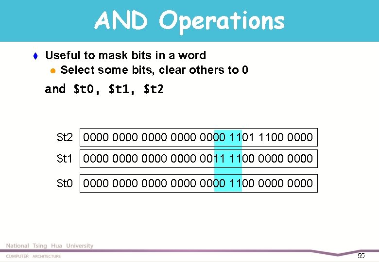 AND Operations t Useful to mask bits in a word l Select some bits,