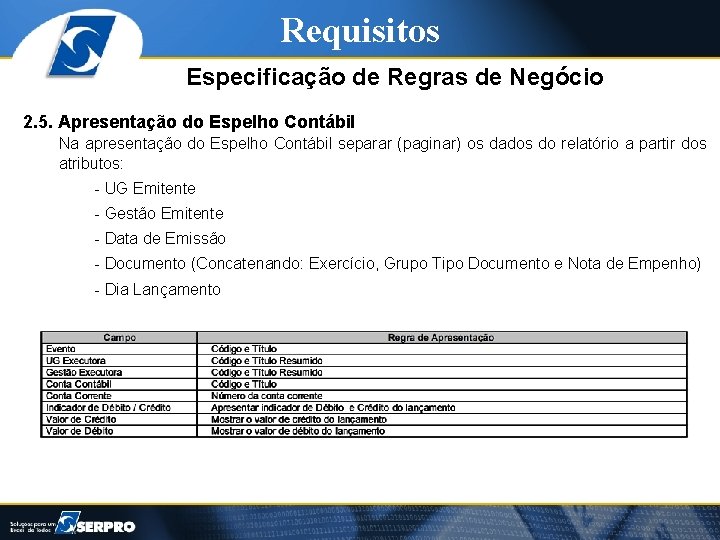 Requisitos Especificação de Regras de Negócio 2. 5. Apresentação do Espelho Contábil Na apresentação