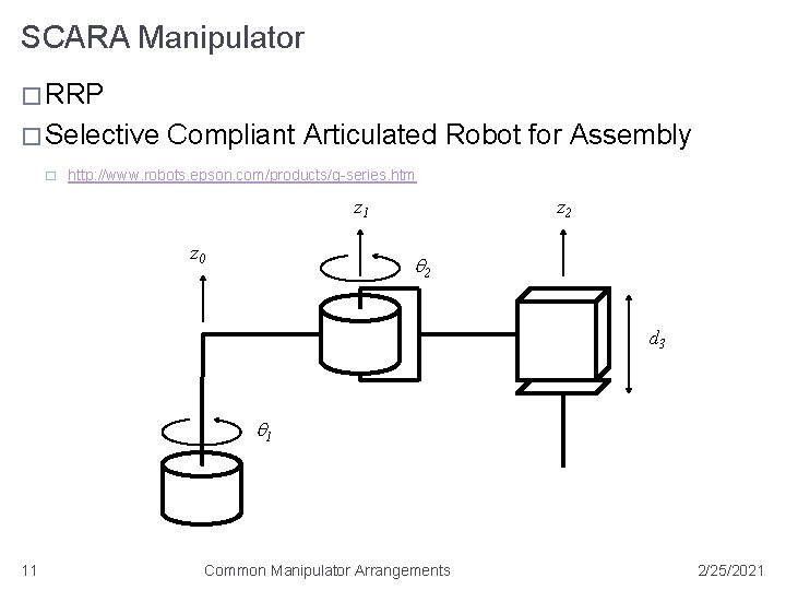 SCARA Manipulator � RRP � Selective � Compliant Articulated Robot for Assembly http: //www.