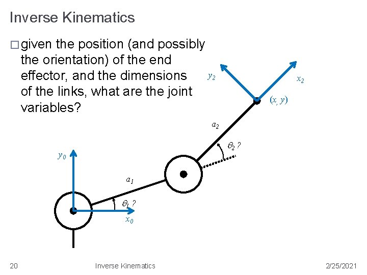Inverse Kinematics � given the position (and possibly the orientation) of the end y