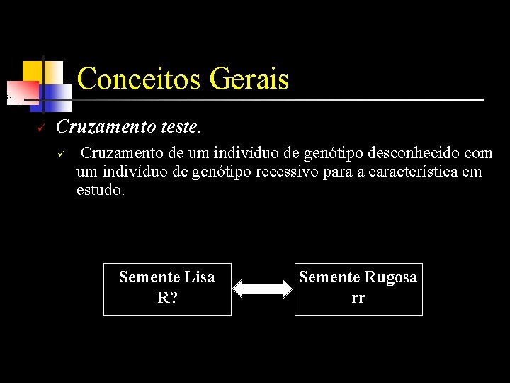 Conceitos Gerais ü Cruzamento teste. ü Cruzamento de um indivíduo de genótipo desconhecido com