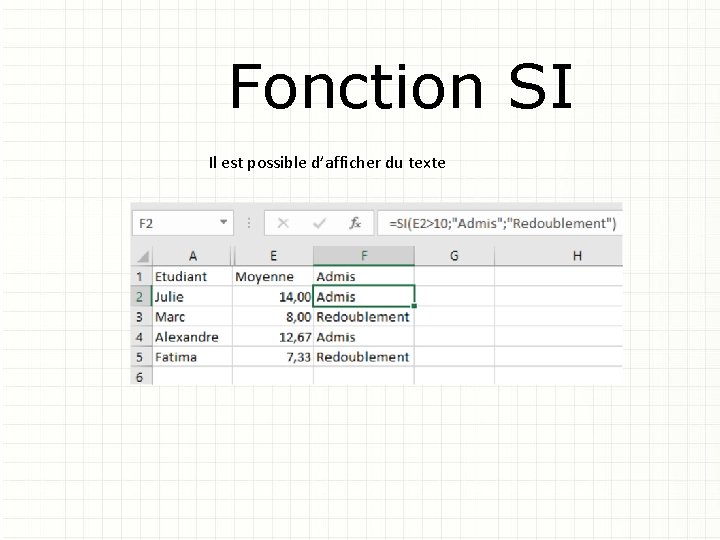 Fonction SI Il est possible d’afficher du texte 