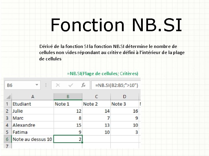 Fonction NB. SI Dérivé de la fonction SI la fonction NB. SI détermine le