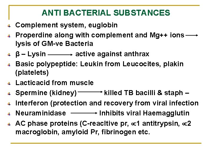 ANTI BACTERIAL SUBSTANCES Complement system, euglobin Properdine along with complement and Mg++ ions lysis