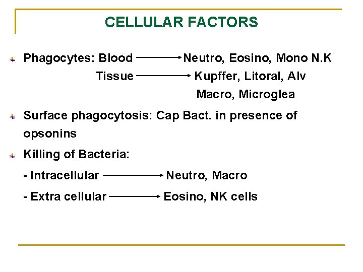 CELLULAR FACTORS Phagocytes: Blood Tissue Neutro, Eosino, Mono N. K Kupffer, Litoral, Alv Macro,