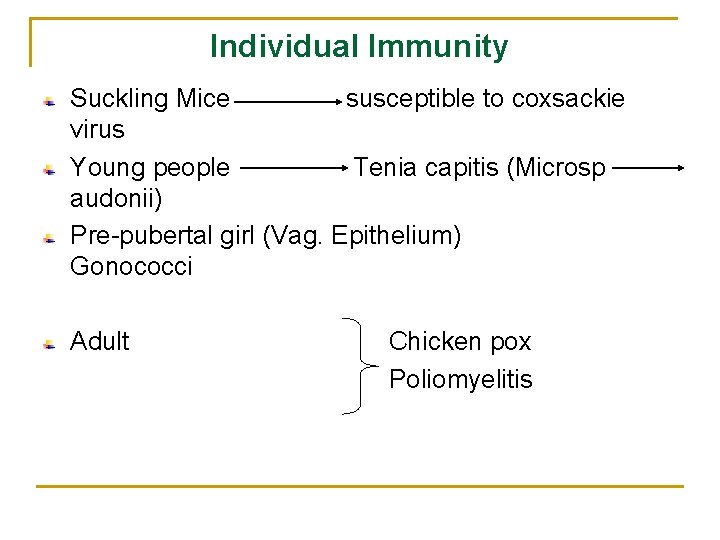 Individual Immunity Suckling Mice susceptible to coxsackie virus Young people Tenia capitis (Microsp audonii)