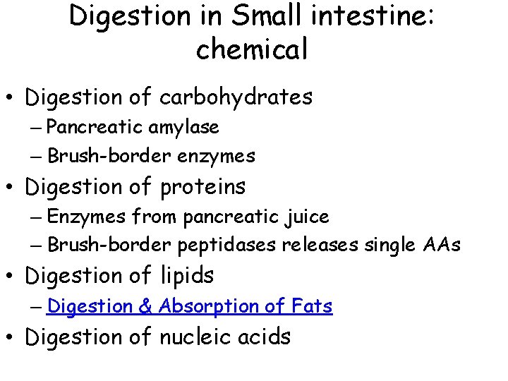 Digestion in Small intestine: chemical • Digestion of carbohydrates – Pancreatic amylase – Brush-border