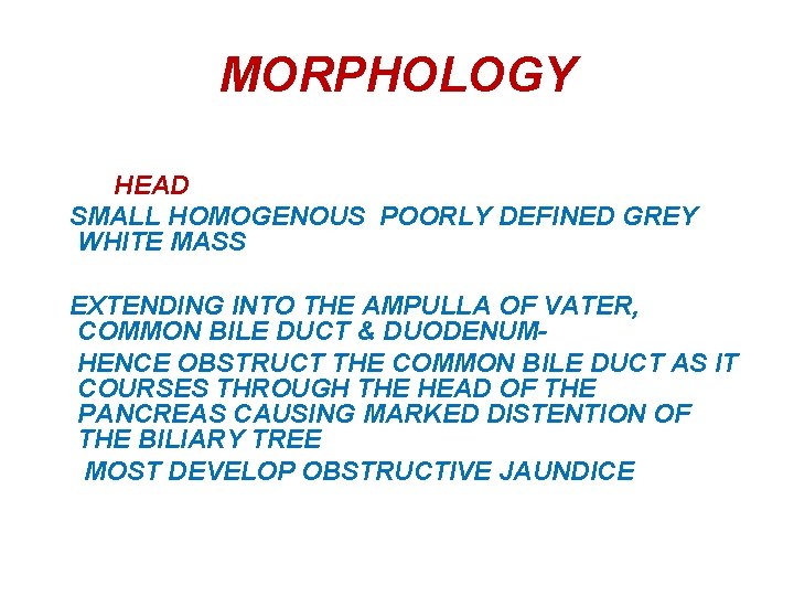 MORPHOLOGY HEAD SMALL HOMOGENOUS POORLY DEFINED GREY WHITE MASS EXTENDING INTO THE AMPULLA OF