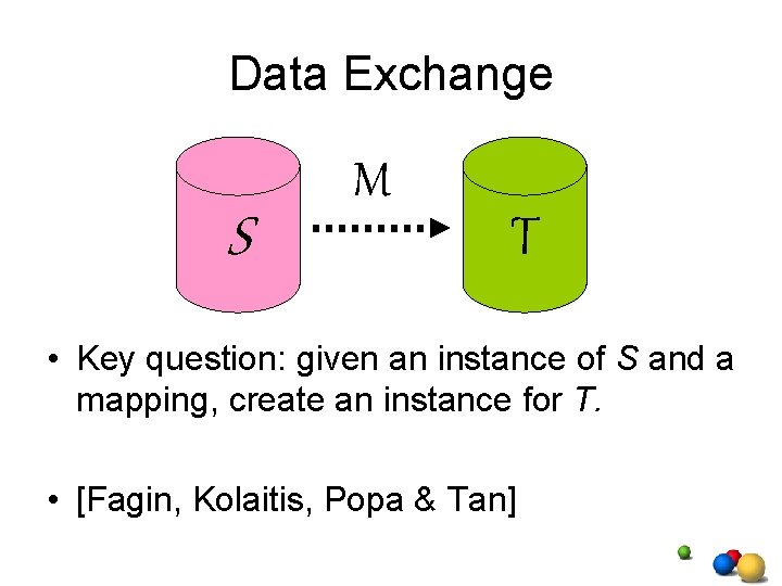Data Exchange S M T • Key question: given an instance of S and
