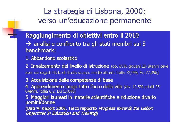 La strategia di Lisbona, 2000: verso un’educazione permanente n Raggiungimento di obiettivi entro il