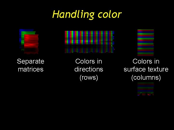 Handling color Separate matrices Colors in directions (rows) Colors in surface texture (columns) Handling color Separate matrices Colors in directions (rows) Colors in surface texture (columns)