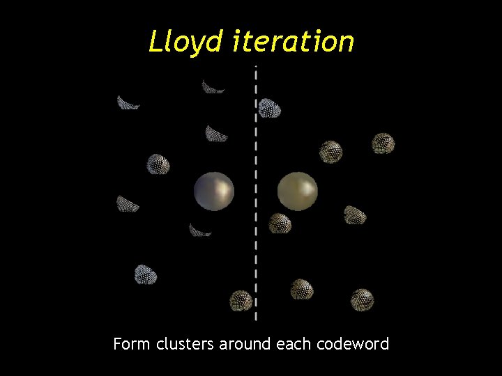 Lloyd iteration Form clusters around each codeword Lloyd iteration Form clusters around each codeword
