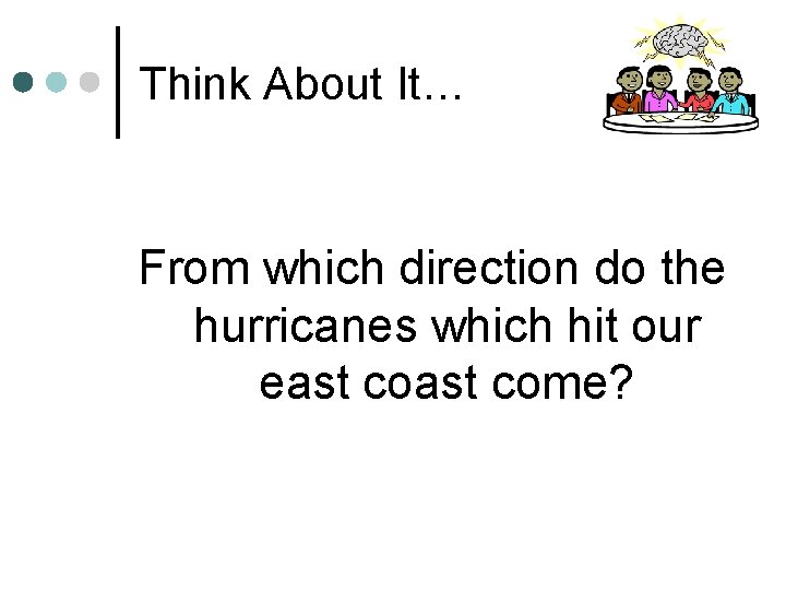 Think About It… From which direction do the hurricanes which hit our east come?