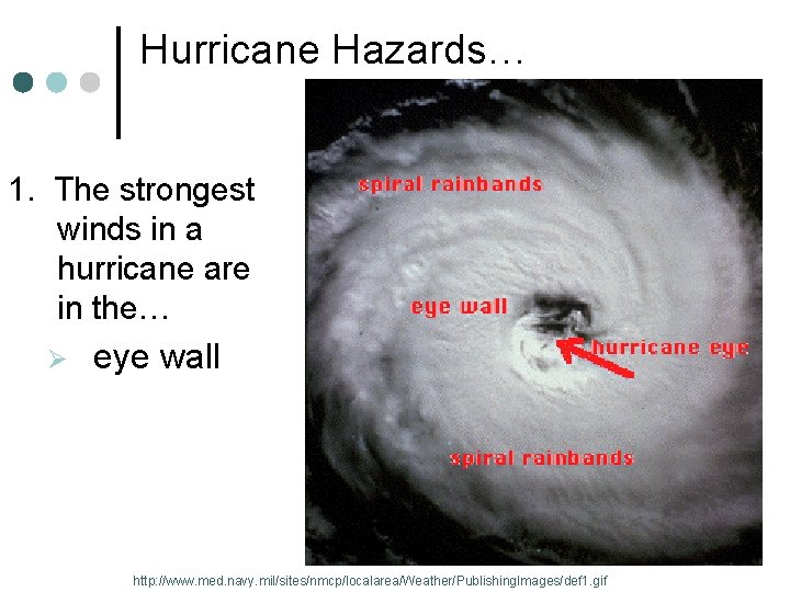 Hurricane Hazards… 1. The strongest winds in a hurricane are in the… Ø eye