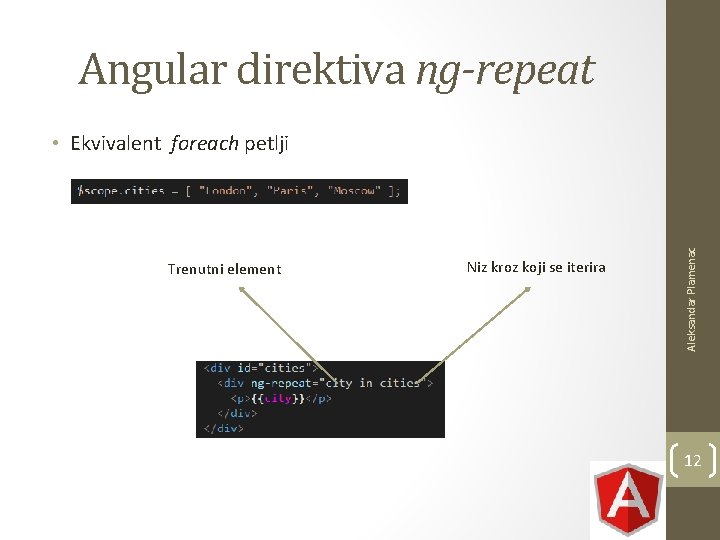 Angular direktiva ng-repeat Trenutni element Niz kroz koji se iterira Aleksandar Plamenac • Ekvivalent Angular direktiva ng-repeat Trenutni element Niz kroz koji se iterira Aleksandar Plamenac • Ekvivalent